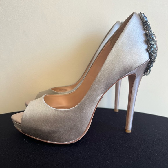 Badgley Mischka Latte Satin Embellished Peep Toe Heels - Picture 2 of 6